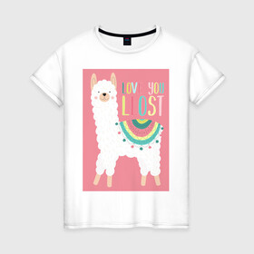 Женская футболка хлопок с принтом Милашка лама в Новосибирске, 100% хлопок | прямой крой, круглый вырез горловины, длина до линии бедер, слегка спущенное плечо | kawaii | pink | домашние животные | звери | лама | мило | надпись | пончо | радуга | розовый | румяна | ферма | фермерские животные