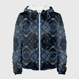 Женская куртка 3D с принтом Темный синий абстрактный узор  в Новосибирске, ткань верха — 100% полиэстер, подклад — флис | прямой крой, подол и капюшон оформлены резинкой с фиксаторами, два кармана без застежек по бокам, один большой потайной карман на груди. Карман на груди застегивается на липучку | абстрактный | молодежный | плед | синий | современный | темно синий
