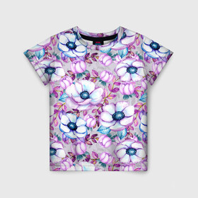 Детская футболка 3D с принтом Анемоны - цветочный ковер в Новосибирске, 100% гипоаллергенный полиэфир | прямой крой, круглый вырез горловины, длина до линии бедер, чуть спущенное плечо, ткань немного тянется | акварель | акварельный | анемон | анемоны | ковер | листья | сиреневый | цветочки | цветочный | цветы