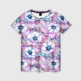 Женская футболка 3D с принтом Анемоны - цветочный ковер в Новосибирске, 100% полиэфир ( синтетическое хлопкоподобное полотно) | прямой крой, круглый вырез горловины, длина до линии бедер | акварель | акварельный | анемон | анемоны | ковер | листья | сиреневый | цветочки | цветочный | цветы