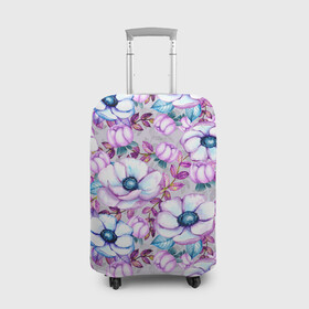 Чехол для чемодана 3D с принтом Анемоны - цветочный ковер в Новосибирске, 86% полиэфир, 14% спандекс | двустороннее нанесение принта, прорези для ручек и колес | акварель | акварельный | анемон | анемоны | ковер | листья | сиреневый | цветочки | цветочный | цветы