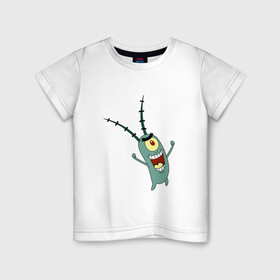 Детская футболка хлопок с принтом Планктон! в Новосибирске, 100% хлопок | круглый вырез горловины, полуприлегающий силуэт, длина до линии бедер | букашка | злобный учёный | одноглазый | планктон | улыбка. | шелдон джей