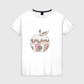 Женская футболка хлопок с принтом Волшебное яблоко в Новосибирске, 100% хлопок | прямой крой, круглый вырез горловины, длина до линии бедер, слегка спущенное плечо | крем | лист | пирожное | сердце | яблоко