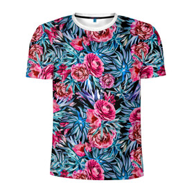 Мужская футболка 3D спортивная с принтом Тропические цветы  в Новосибирске, 100% полиэстер с улучшенными характеристиками | приталенный силуэт, круглая горловина, широкие плечи, сужается к линии бедра | Тематика изображения на принте: летний | розовый | синий | тропический узор | цветочный узор | цветы | экзотические цветы