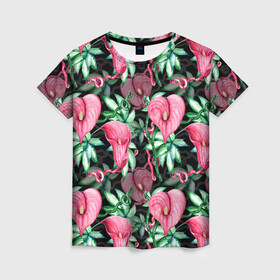 Женская футболка 3D с принтом Цветы в райском саду в Новосибирске, 100% полиэфир ( синтетическое хлопкоподобное полотно) | прямой крой, круглый вырез горловины, длина до линии бедер | вечерний | джунгли | калла | каллы | лианы | листва | листья | праздничный | райский | сад | темный | цветочки | цветочный | цветы