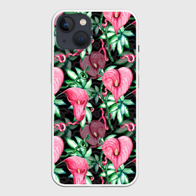Чехол для iPhone 13 с принтом Цветы в райском саду в Новосибирске,  |  | вечерний | джунгли | калла | каллы | лианы | листва | листья | праздничный | райский | сад | темный | цветочки | цветочный | цветы