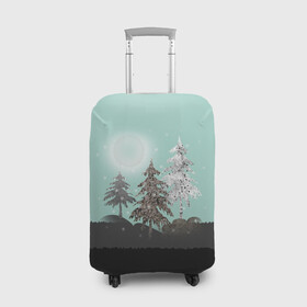 Чехол для чемодана 3D с принтом Лес. Мозаичный узор  в Новосибирске, 86% полиэфир, 14% спандекс | двустороннее нанесение принта, прорези для ручек и колес | бирюзовый | елка | ель | зима | картина | лес | луна горы | мозаика | новогодний | холмы