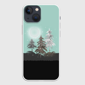 Чехол для iPhone 13 mini с принтом Лес. Мозаичный узор в Новосибирске,  |  | бирюзовый | елка | ель | зима | картина | лес | луна горы | мозаика | новогодний | холмы