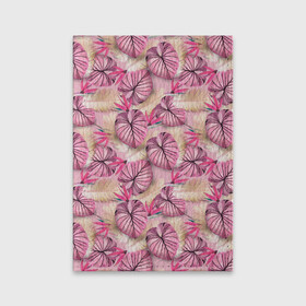 Обложка для паспорта матовая кожа с принтом Розовый тропический узор в Новосибирске, натуральная матовая кожа | размер 19,3 х 13,7 см; прозрачные пластиковые крепления | бежевый | листья | пальмовые листья | розовые цветы | розовый | тропические цветы | цветочный