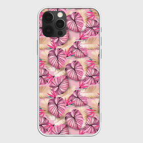 Чехол для iPhone 12 Pro Max с принтом Розовый тропический узор в Новосибирске, Силикон |  | бежевый | листья | пальмовые листья | розовые цветы | розовый | тропические цветы | цветочный