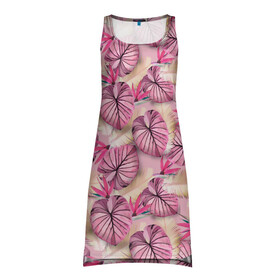 Платье-майка 3D с принтом Розовый тропический узор в Новосибирске, 100% полиэстер | полуприлегающий силуэт, широкие бретели, круглый вырез горловины, удлиненный подол сзади. | бежевый | листья | пальмовые листья | розовые цветы | розовый | тропические цветы | цветочный