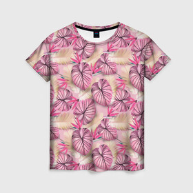Женская футболка 3D с принтом Розовый тропический узор в Новосибирске, 100% полиэфир ( синтетическое хлопкоподобное полотно) | прямой крой, круглый вырез горловины, длина до линии бедер | бежевый | листья | пальмовые листья | розовые цветы | розовый | тропические цветы | цветочный