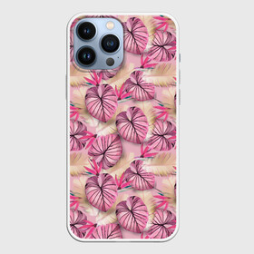 Чехол для iPhone 13 Pro Max с принтом Розовый тропический узор в Новосибирске,  |  | бежевый | листья | пальмовые листья | розовые цветы | розовый | тропические цветы | цветочный