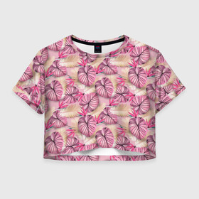 Женская футболка Crop-top 3D с принтом Розовый тропический узор в Новосибирске, 100% полиэстер | круглая горловина, длина футболки до линии талии, рукава с отворотами | бежевый | листья | пальмовые листья | розовые цветы | розовый | тропические цветы | цветочный
