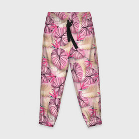 Детские брюки 3D с принтом Розовый тропический узор в Новосибирске, 100% полиэстер | манжеты по низу, эластичный пояс регулируется шнурком, по бокам два кармана без застежек, внутренняя часть кармана из мелкой сетки | бежевый | листья | пальмовые листья | розовые цветы | розовый | тропические цветы | цветочный