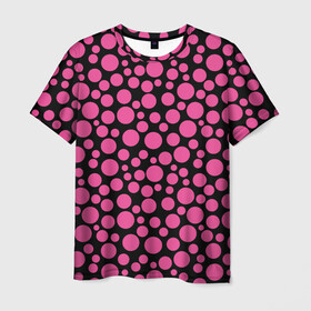 Мужская футболка 3D с принтом Темно-розовый горох на черном  в Новосибирске, 100% полиэфир | прямой крой, круглый вырез горловины, длина до линии бедер | в горошек | горох | малиновый | ретро | розовый горох | розовый и черный | черный