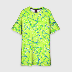 Детское платье 3D с принтом Абстрактный неоновый зеленый в Новосибирске, 100% полиэстер | прямой силуэт, чуть расширенный к низу. Круглая горловина, на рукавах — воланы | Тематика изображения на принте: абстрактный | геометрический | детский | зеленый | летний | неоновый | ретро | треугольники
