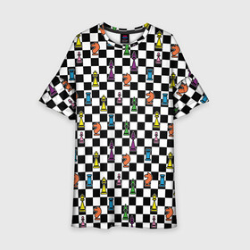 Детское платье 3D с принтом Яркая шахматная доска в Новосибирске, 100% полиэстер | прямой силуэт, чуть расширенный к низу. Круглая горловина, на рукавах — воланы | клетка | орнамент | паттерн | спорт | узор | цветной | черно белая клетка | черно белое | черно белый принт | шахматная доска | шахматная клетка | шахматные фигуры | шахматы