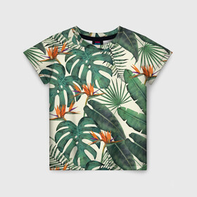 Детская футболка 3D с принтом Тропический паттерн в Новосибирске, 100% гипоаллергенный полиэфир | прямой крой, круглый вырез горловины, длина до линии бедер, чуть спущенное плечо, ткань немного тянется | азия | акварель | акварельный | банановые листья | ботанический | винтажный | зеленый | иллюстрация | лес | летний | лето | монстера | оранжевый | отпуск | пальмовые листья | стрелиция | тропики