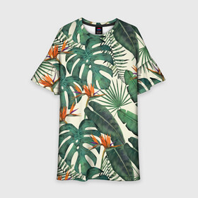 Детское платье 3D с принтом Тропический паттерн в Новосибирске, 100% полиэстер | прямой силуэт, чуть расширенный к низу. Круглая горловина, на рукавах — воланы | азия | акварель | акварельный | банановые листья | ботанический | винтажный | зеленый | иллюстрация | лес | летний | лето | монстера | оранжевый | отпуск | пальмовые листья | стрелиция | тропики