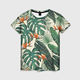 Женская футболка 3D с принтом Тропический паттерн в Новосибирске, 100% полиэфир ( синтетическое хлопкоподобное полотно) | прямой крой, круглый вырез горловины, длина до линии бедер | азия | акварель | акварельный | банановые листья | ботанический | винтажный | зеленый | иллюстрация | лес | летний | лето | монстера | оранжевый | отпуск | пальмовые листья | стрелиция | тропики