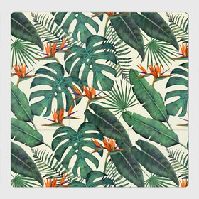 Магнитный плакат 3Х3 с принтом Тропический паттерн в Новосибирске, Полимерный материал с магнитным слоем | 9 деталей размером 9*9 см | азия | акварель | акварельный | банановые листья | ботанический | винтажный | зеленый | иллюстрация | лес | летний | лето | монстера | оранжевый | отпуск | пальмовые листья | стрелиция | тропики