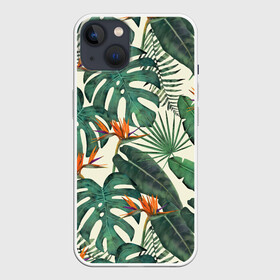 Чехол для iPhone 13 с принтом Тропический паттерн в Новосибирске,  |  | азия | акварель | акварельный | банановые листья | ботанический | винтажный | зеленый | иллюстрация | лес | летний | лето | монстера | оранжевый | отпуск | пальмовые листья | стрелиция | тропики