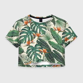 Женская футболка Crop-top 3D с принтом Тропический паттерн в Новосибирске, 100% полиэстер | круглая горловина, длина футболки до линии талии, рукава с отворотами | азия | акварель | акварельный | банановые листья | ботанический | винтажный | зеленый | иллюстрация | лес | летний | лето | монстера | оранжевый | отпуск | пальмовые листья | стрелиция | тропики