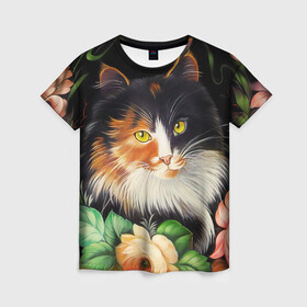 Женская футболка 3D с принтом Трёхцветная кошка в Новосибирске, 100% полиэфир ( синтетическое хлопкоподобное полотно) | прямой крой, круглый вырез горловины, длина до линии бедер | декоративная роспись | живопись | жостовская роспись | кошка | кошка трехцветная | цветы