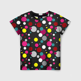 Детская футболка 3D с принтом Разноцветный горох на черном  в Новосибирске, 100% гипоаллергенный полиэфир | прямой крой, круглый вырез горловины, длина до линии бедер, чуть спущенное плечо, ткань немного тянется | Тематика изображения на принте: в горох | детский | для детей | желтый горох | клетка | красный | малышам | мальчиковый узор | разноцветный горох | темный | черный