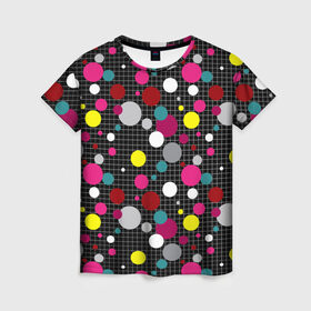 Женская футболка 3D с принтом Разноцветный горох на черном  в Новосибирске, 100% полиэфир ( синтетическое хлопкоподобное полотно) | прямой крой, круглый вырез горловины, длина до линии бедер | Тематика изображения на принте: в горох | детский | для детей | желтый горох | клетка | красный | малышам | мальчиковый узор | разноцветный горох | темный | черный