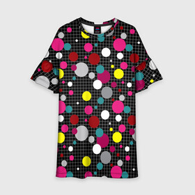 Детское платье 3D с принтом Разноцветный горох на черном  в Новосибирске, 100% полиэстер | прямой силуэт, чуть расширенный к низу. Круглая горловина, на рукавах — воланы | в горох | детский | для детей | желтый горох | клетка | красный | малышам | мальчиковый узор | разноцветный горох | темный | черный