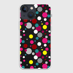 Чехол для iPhone 13 mini с принтом Разноцветный горох на черном в Новосибирске,  |  | в горох | детский | для детей | желтый горох | клетка | красный | малышам | мальчиковый узор | разноцветный горох | темный | черный