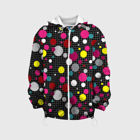 Детская куртка 3D с принтом Разноцветный горох на черном  в Новосибирске, 100% полиэстер | застежка — молния, подол и капюшон оформлены резинкой с фиксаторами, по бокам — два кармана без застежек, один потайной карман на груди, плотность верхнего слоя — 90 г/м2; плотность флисового подклада — 260 г/м2 | в горох | детский | для детей | желтый горох | клетка | красный | малышам | мальчиковый узор | разноцветный горох | темный | черный