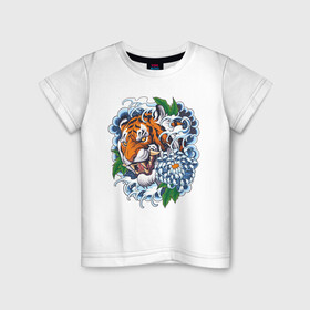 Детская футболка хлопок с принтом Тигр в цветах в Новосибирске, 100% хлопок | круглый вырез горловины, полуприлегающий силуэт, длина до линии бедер | Тематика изображения на принте: волны | голова тигра | дикая кошка | животные | крупная кошка | тигр | хищник | хризантема | цветы