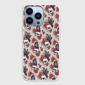 Чехол для iPhone 13 Pro с принтом Skull raven в Новосибирске,  |  | Тематика изображения на принте: art | flowers | gothic | pattern | raven | roses | skull | арт | ворон | готика | паттерн | розы | цветы | череп