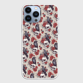 Чехол для iPhone 13 Pro Max с принтом Skull raven в Новосибирске,  |  | art | flowers | gothic | pattern | raven | roses | skull | арт | ворон | готика | паттерн | розы | цветы | череп