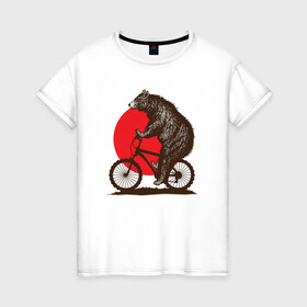Женская футболка хлопок с принтом Медведь на велосиеде в Новосибирске, 100% хлопок | прямой крой, круглый вырез горловины, длина до линии бедер, слегка спущенное плечо | вело | велосипед | медведь | солнце | спорт | япония