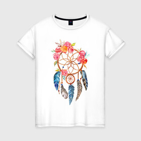 Женская футболка хлопок с принтом Ловец снов в Новосибирске, 100% хлопок | прямой крой, круглый вырез горловины, длина до линии бедер, слегка спущенное плечо | акварель | ловец снов | перья | рисунок | цветы