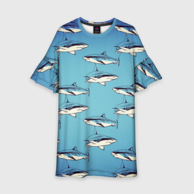 Детское платье 3D с принтом Акулы Паттерн в Новосибирске, 100% полиэстер | прямой силуэт, чуть расширенный к низу. Круглая горловина, на рукавах — воланы | shark | акулы | иллюстрация | морские жители | морские обитатели | паттерн | рисунок | рыбы