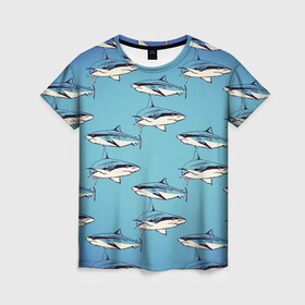 Женская футболка 3D с принтом Акулы Паттерн в Новосибирске, 100% полиэфир ( синтетическое хлопкоподобное полотно) | прямой крой, круглый вырез горловины, длина до линии бедер | shark | акулы | иллюстрация | морские жители | морские обитатели | паттерн | рисунок | рыбы