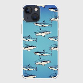 Чехол для iPhone 13 mini с принтом Акулы Паттерн в Новосибирске,  |  | shark | акулы | иллюстрация | морские жители | морские обитатели | паттерн | рисунок | рыбы