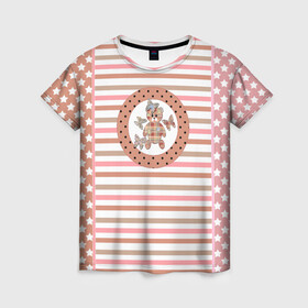 Женская футболка 3D с принтом Милый мишка с бабочками в Новосибирске, 100% полиэфир ( синтетическое хлопкоподобное полотно) | прямой крой, круглый вырез горловины, длина до линии бедер | бабочки | бежевый | звезды | малышам | медвежонок | мишка тедди | пижама | полосатый | полосы | розовые полосы