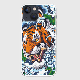 Чехол для iPhone 13 mini с принтом Тигр в Новосибирске,  |  | дикая кошка | зверь | клык | крупная кошка | тигр | хищник | хризантема | цветы | япония