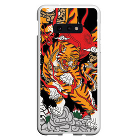 Чехол для Samsung S10E с принтом Самурайский тигр в Новосибирске, Силикон | Область печати: задняя сторона чехла, без боковых панелей | воин | год тигра | закат | крупная кошка | полосы | тигр | тигриная лапа | хищник