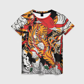 Женская футболка 3D с принтом Самурайский тигр в Новосибирске, 100% полиэфир ( синтетическое хлопкоподобное полотно) | прямой крой, круглый вырез горловины, длина до линии бедер | воин | год тигра | закат | крупная кошка | полосы | тигр | тигриная лапа | хищник