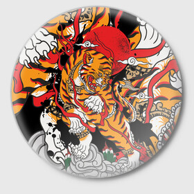 Значок с принтом Самурайский тигр в Новосибирске,  металл | круглая форма, металлическая застежка в виде булавки | Тематика изображения на принте: воин | год тигра | закат | крупная кошка | полосы | тигр | тигриная лапа | хищник