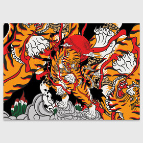Поздравительная открытка с принтом Самурайский тигр в Новосибирске, 100% бумага | плотность бумаги 280 г/м2, матовая, на обратной стороне линовка и место для марки
 | воин | год тигра | закат | крупная кошка | полосы | тигр | тигриная лапа | хищник