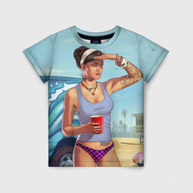 Детская футболка 3D с принтом girl with coffee в Новосибирске, 100% гипоаллергенный полиэфир | прямой крой, круглый вырез горловины, длина до линии бедер, чуть спущенное плечо, ткань немного тянется | Тематика изображения на принте: art | beach | car | game | grand theft auto v | gta 5 | gta online | sand | sky | арт | гта 5 | гта онлайн | игра | машина | небо | песок | пляж
