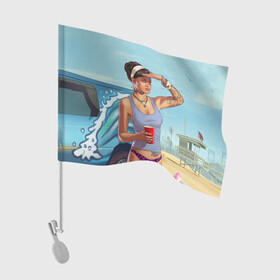Флаг для автомобиля с принтом girl with coffee в Новосибирске, 100% полиэстер | Размер: 30*21 см | Тематика изображения на принте: art | beach | car | game | grand theft auto v | gta 5 | gta online | sand | sky | арт | гта 5 | гта онлайн | игра | машина | небо | песок | пляж